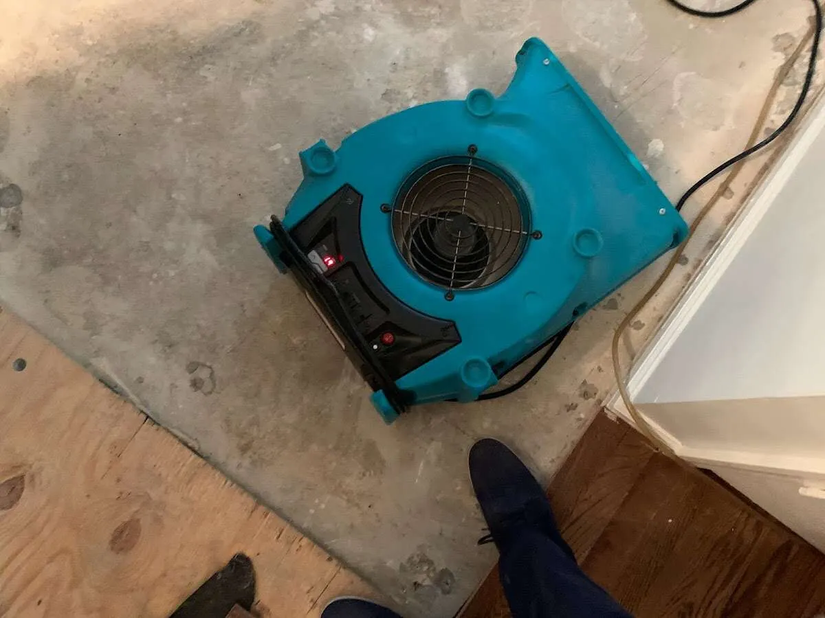 Air mover drying subfloor during Leak Detection & Repair in Hamtramck